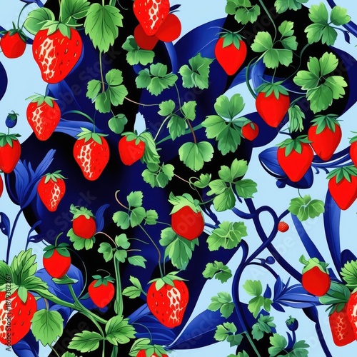 Strawberry Vine Pattern on Blue Background with Red Berries and Green Leaves
