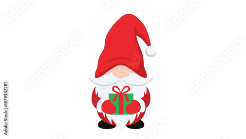 An adorable Christmas gnome dressed in a red Santa Claus suit and hat, cheerfully holding a small green gift with a red ribbon.