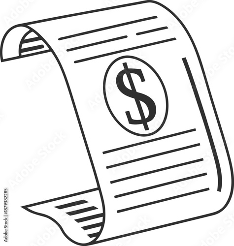Invoice Illustration: A stylized illustration of a curved invoice or bill, the currency symbol prominently displayed, conveying the concept of transaction and finance.