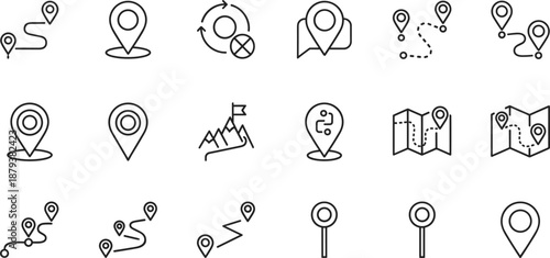 Navigation route path icon set with mountain peak flag map pins and dotted travel lines for adventure journey planning
