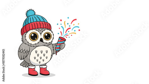A festive and cute cartoon owl wearing a winter hat and boots, celebrating with a party popper and colorful confetti everywhere.