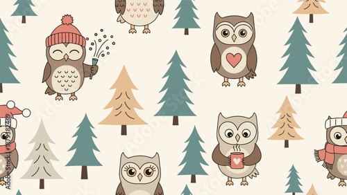 A cozy and festive seamless Christmas pattern featuring cute cartoon owls in winter hats and scarves among a forest of pine trees.