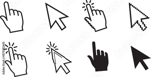 Black and white computer mouse cursor and hand