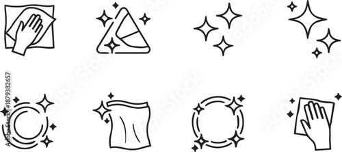 Black and white cleaning with cloths and sparkling stars