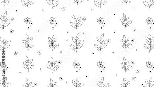 A simple and modern seamless pattern in black and white, featuring minimalist hand-drawn leaves, flowers, and scattered dots.