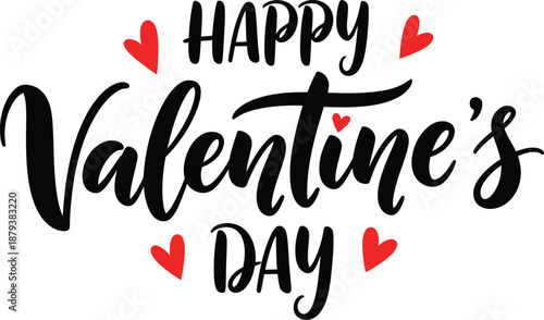 Happy Valentines Day Black Calligraphy and Red Hearts on White Background love romance