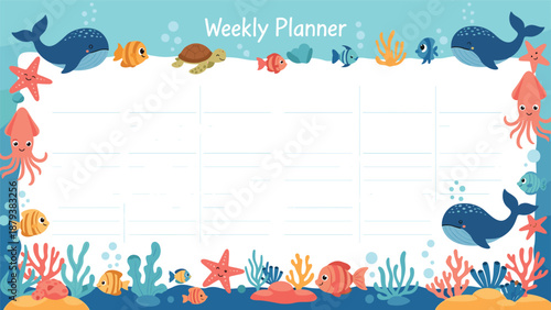 A cute and colorful weekly planner template for kids, framed by an adorable border of cartoon sea animals like whales and turtles.