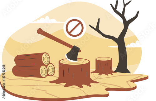no cutting trees with axe on stumps and logs in dry landscape with dead tree