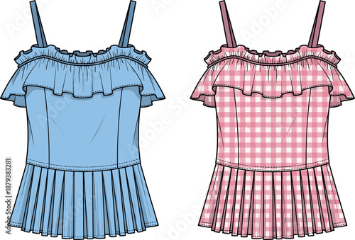 Women's Crew-Neck T-Shirt Fashion Flat Technical Drawing Vector Template, Apparel Design Sketch for Production and Merchandising.