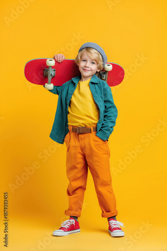 Child holds skateboard with bright colors in studio with yellow background