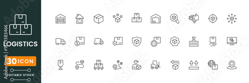 Logistics icon set with delivery, shipping, warehouse, cargo, transport and supply chain symbols for business, ecommerce and industry