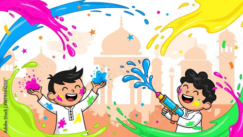 Children Celebrating Holi Festival with Colorful Powder and Water in Front of Taj Mahal
