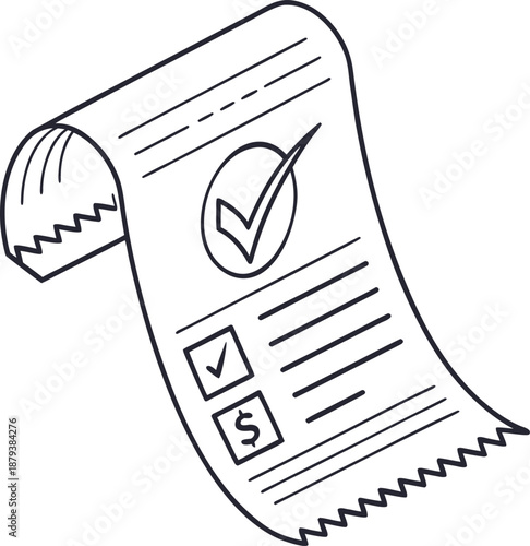 Receipt of Confirmation: A close-up, simple illustration showcases a detailed receipt with a large check mark, symbolizing validation and accuracy in a financial transaction.