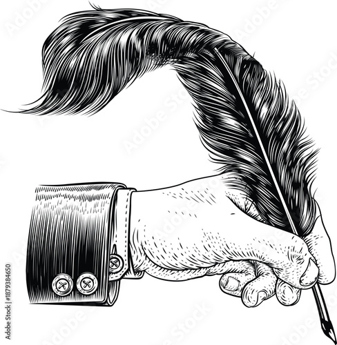 Stylish hand holding a feather pen sketch illustration