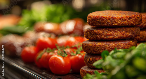 Plant-based burger patties with textured surface stacked on a tray alongside fresh cherry tomatoes and green herbs