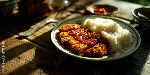 Plate of crispy golden chicken katsu with fluffy white rice and vibrant tomato sauce on a rustic wooden table