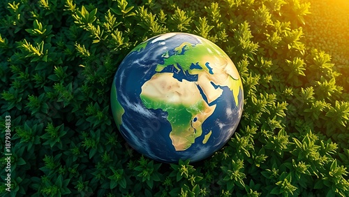 Earth globe enveloped by vibrant greenery under a glowing atmospheric light.