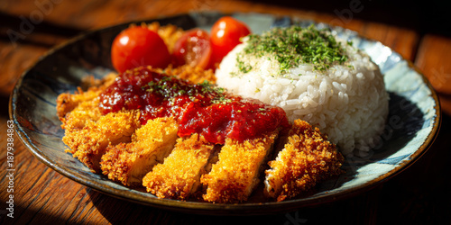 Plate of crispy golden chicken katsu with steaming white rice topped with chopped green herbs, accompanied by fresh cherry tomatoes and tomato-based sauce