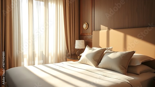 An elegant hotel bed with neatly arranged pillows, softly lit by morning sunlight through sheer curtains.