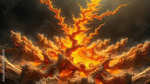 A gravity-defying golden fractal structure engulfed in chaotic energy waves, radiating molten brilliance.