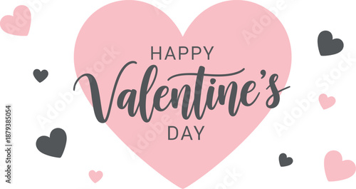 Happy Valentines Day with pink heart and scattered hearts on white background Keywords: happy valentines day, valentines day, love, hearts, pink