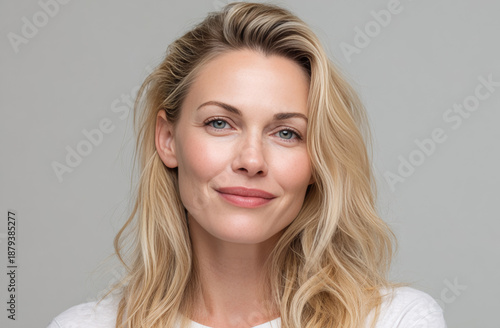 Portrait of a beautiful blonde woman with wavy hair, fair skin, and a gentle smile, wearing a white top against a neutral background