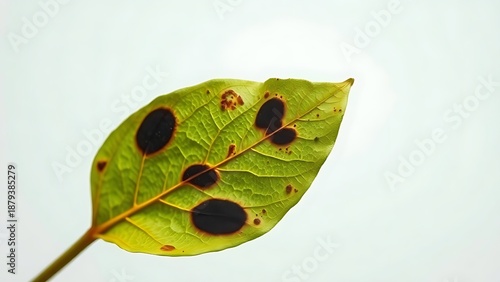 Abstract close-up of a wilting green leaf with dark spots, starkly contrasted against a sterile white background.