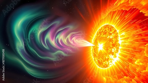 A painterly solar corona explosion with rippling aurora energy cascading toward a small blue planet.