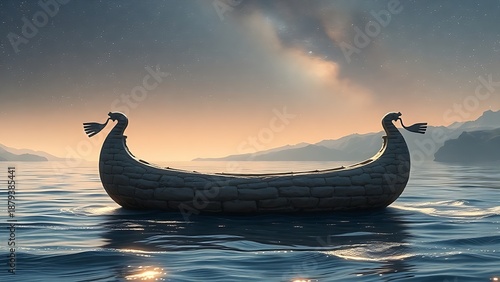 Primitive stone boat drifting on an ancient shimmering river beneath a star-filled night sky.