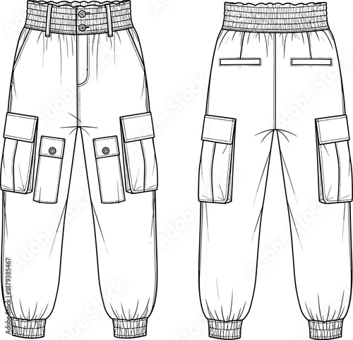 Women's High-Waisted Cargo Jogger Pants Fashion Technical Flat Drawing, Multi-Pocket Streetwear Apparel Template with Shirred Elastic Waistband, Garment Vector Illustration for Design.