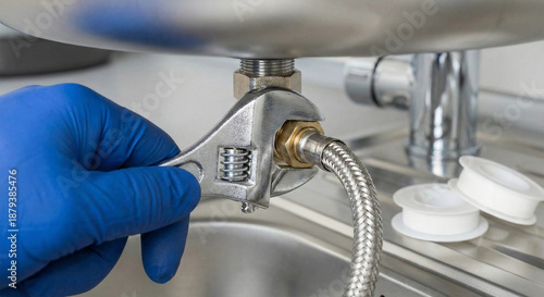 Wallpaper Mural Plumber tightening flexible hose nut with metal wrench Torontodigital.ca