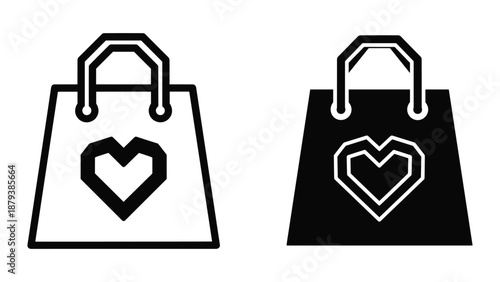 Shopping bag with heart icon in black and white