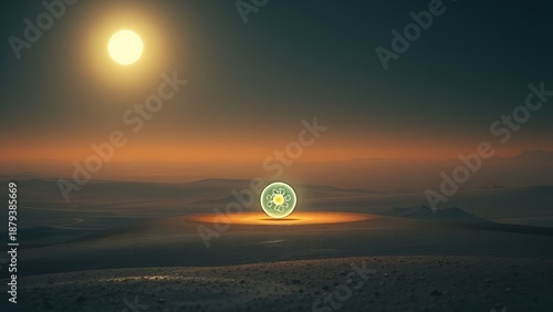 A single resilient microbe glowing with internal light on a desolate alien landscape under a strange sun.