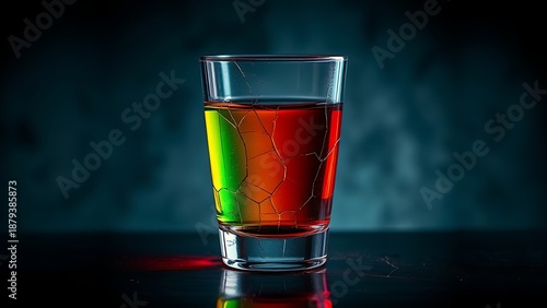 An abstract visualization of a vibrant colorful cocktail glass slowly cracking and draining of its color against a dark background.
