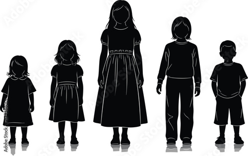 Silhouettes of children arranged by height, black figures in line from shortest to tallest, white background layout design