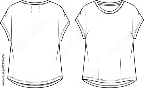 Women's Loose Fit Dolman Sleeve T-Shirt Technical Fashion Flat Sketch with Crew Neckline, Curved Dropped Hem, and Roll-Up Cuff CAD Drawing