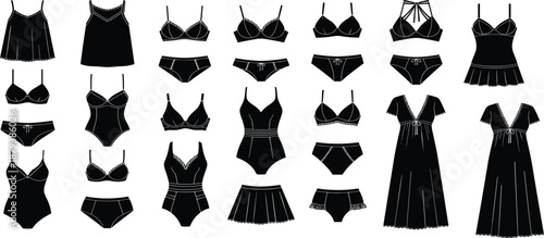 Silhouettes of women’s lingerie and sleepwear, black fashion garments grid, bras, panties, camisoles, bodysuits, nightgowns, white background