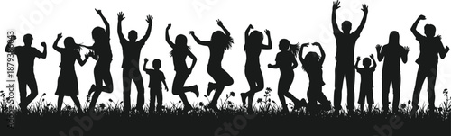 Silhouettes of people jumping, standing, family group, grassy field, joyful moment, vector illustration, black figures, minimal design, outdoor celebration