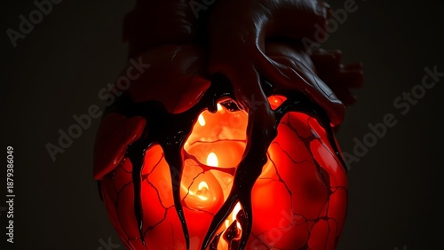 Abstract sculpture of a human heart with dark material seeping from within.
