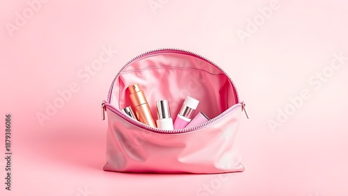 Elegant cosmetic bag opened on a pink background, showcasing beauty products inside.
