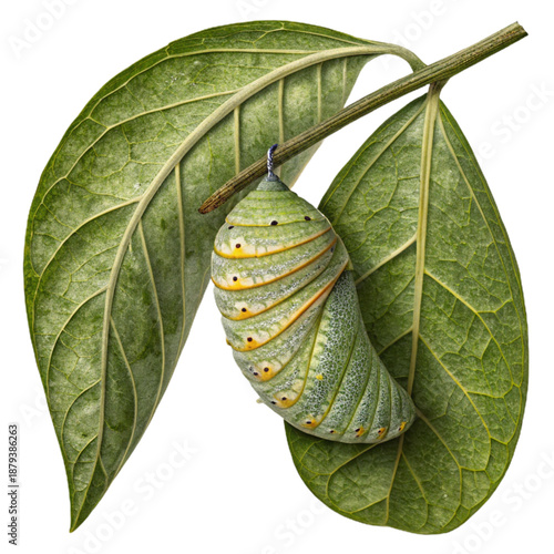 Intricate leaf roller cocoon tightly wrapped in a spiral leaf structure, showcasing nature's fascinating metamorphosis process