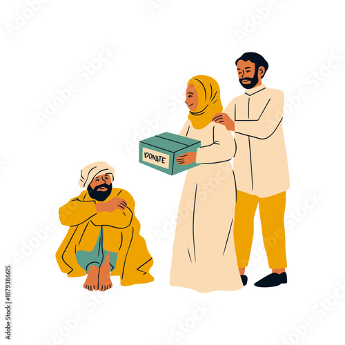 Muslim Couple Giving Food Box to Homeless Man