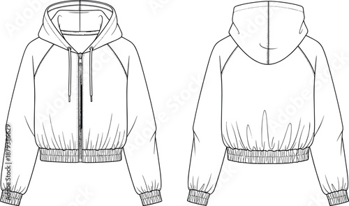 Women's or Girls' Cropped Zip-Up Hoodie Technical Fashion Flat Sketch with Raglan Sleeves, Drawstring Hood, and Elasticated Hem Vector CAD Drawing