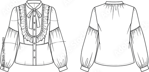 Women's or Girls' Deep V-Neck Mini Dress Technical Fashion Flat Sketch with Ruffled Yoke, Empire Waist, and Volume Bishop Sleeves CAD Drawing