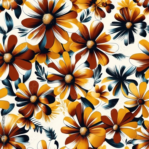 Vibrant Floral Pattern with Orange, Yellow, and Blue Flowers on White Background