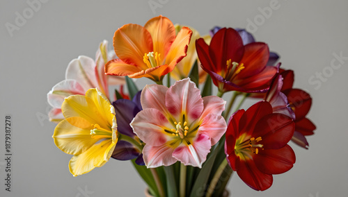 Colorful Tulip Bouquet: A vibrant array of tulips, each bloom a unique hue, arranged to create a captivating floral display, perfect for adding a touch of color and elegance to any setting.
