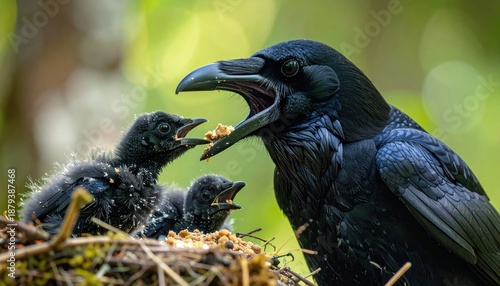Mother Crow Feeding Baby Birds in Nest.