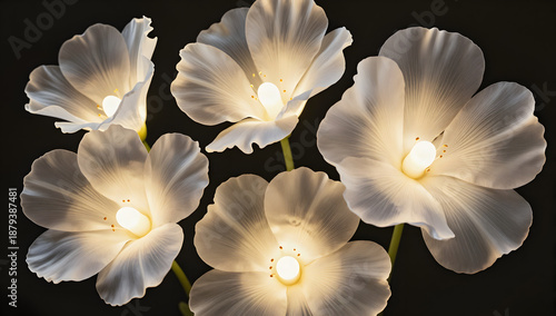 Illuminating Floral Elegance: A captivating display of luminous flowers, their delicate petals aglow with soft light against a dark background. The scene exudes an air of artistry and natural grace.