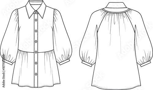 Women's Peplum Blouse Fashion Technical Flat Drawing, Long-Sleeve Button-Up Shirt Template with Shirred Yoke and Volume Sleeves, Garment Vector Illustration for Apparel Design.