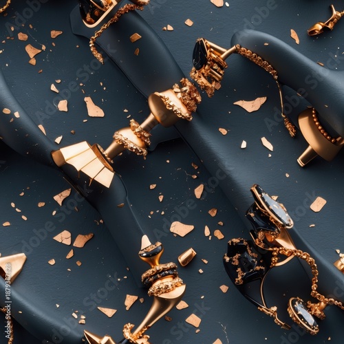 Abstract Black and Gold Luxury Ornament Pattern, Decorative Background with Chains and Gems